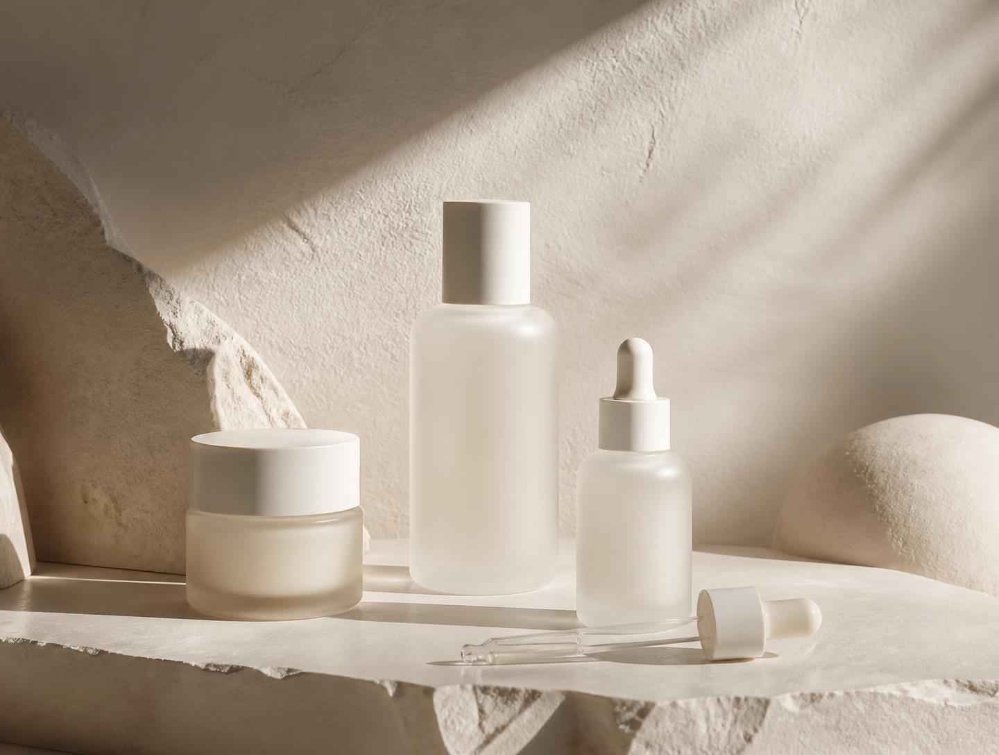 Three unbranded skincare bottles and a glass dropper on a warm plaster ledge