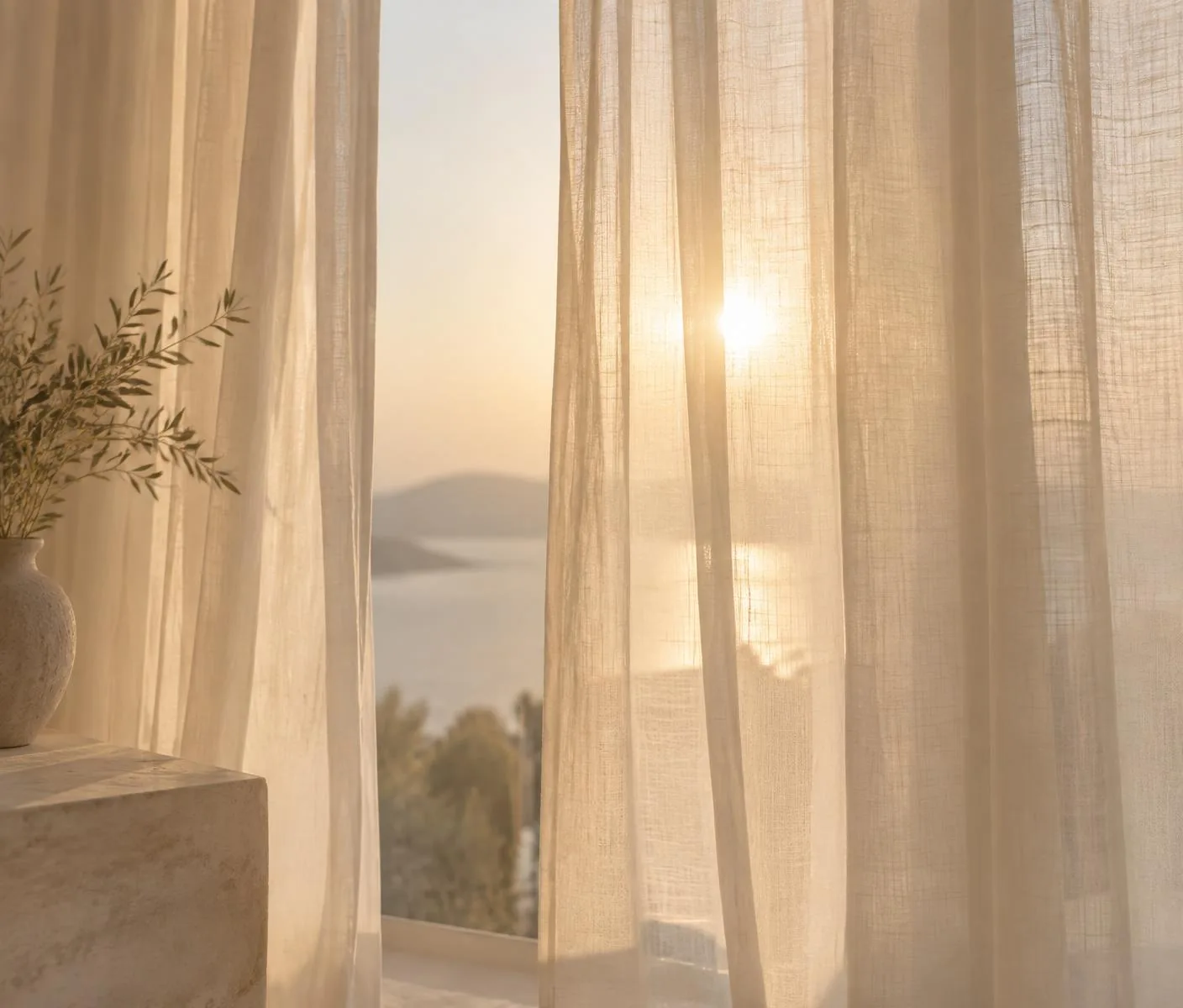 Warm sunlight shining through sheer linen curtains